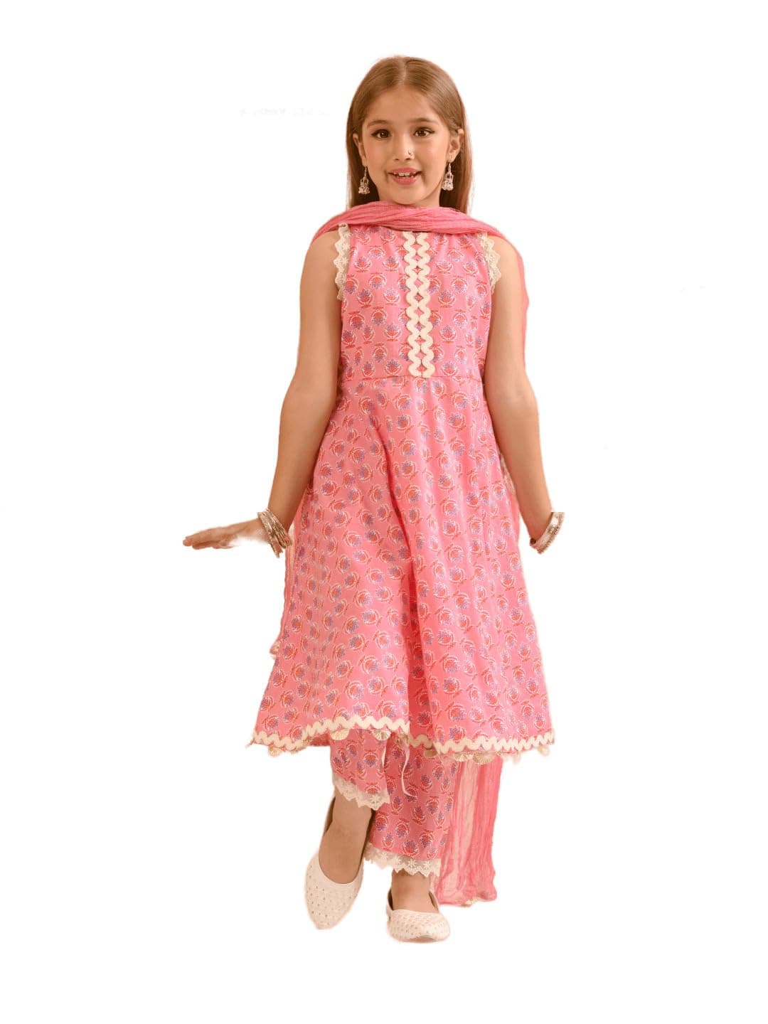 Pspeaches Girls Cotton Sleeveless Round Neck Floral Print Kurta And Pant With Dupatta 3 Piece Set|Ethnic Wear For Kids Girls|Traditional & Festive Outfit 15-16 Year Pink
