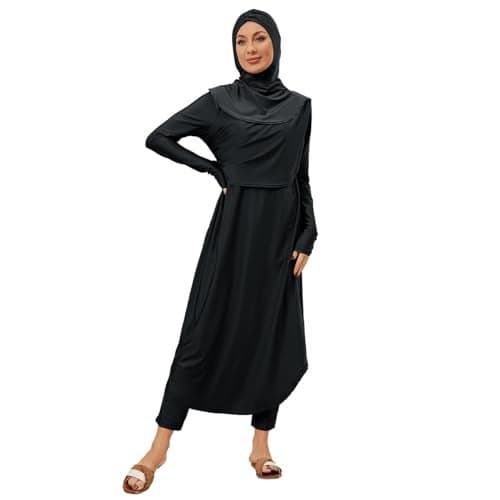 Muslim Swimsuits for Women with Hijab Modest Islamic Arabic Swimwear Burkini Full Coverage Swimming Cap Muslim Dress Tops Pants Rashguard Bathing Suit Ba�ador Musulm�n para Mujer Black YY11015 L