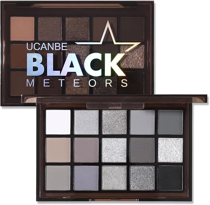UCANBE Smokey Black Eyeshadow Palette 15 Colors Dark Shimmer Matte Metallic Makeup Pallet High Pigmented Gray Silver Sombras De Ojos Kit for Daily and Gothic Halloween
