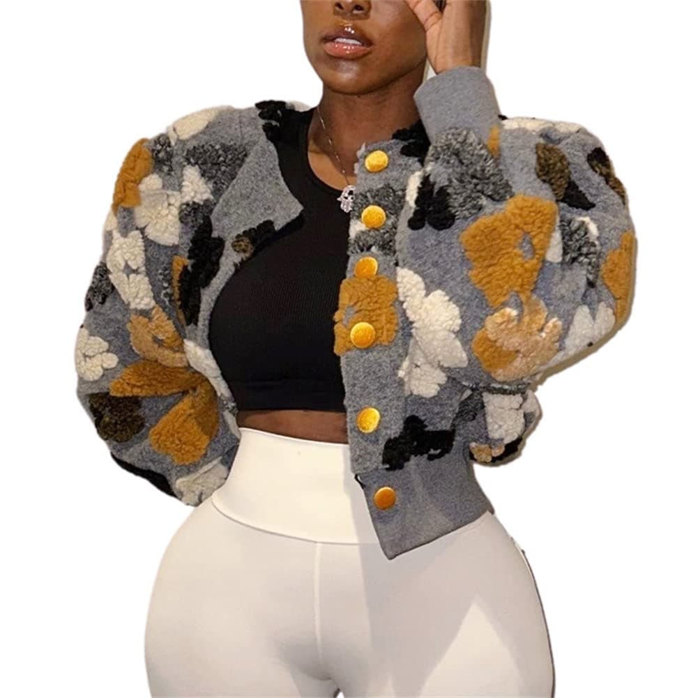 HOULENGS Womens Cropped Floral Print Fleece Bomber Jacket Casual Puff Sleeve Button Down Coats Winter Warm Outerwears Grey Medium
