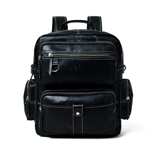 ADYAN Vintage Full Grain Leather 14Inch Laptop Backpack for Men with Adjustable Shoulder Strap Metal Zip Closure Work Bag Black