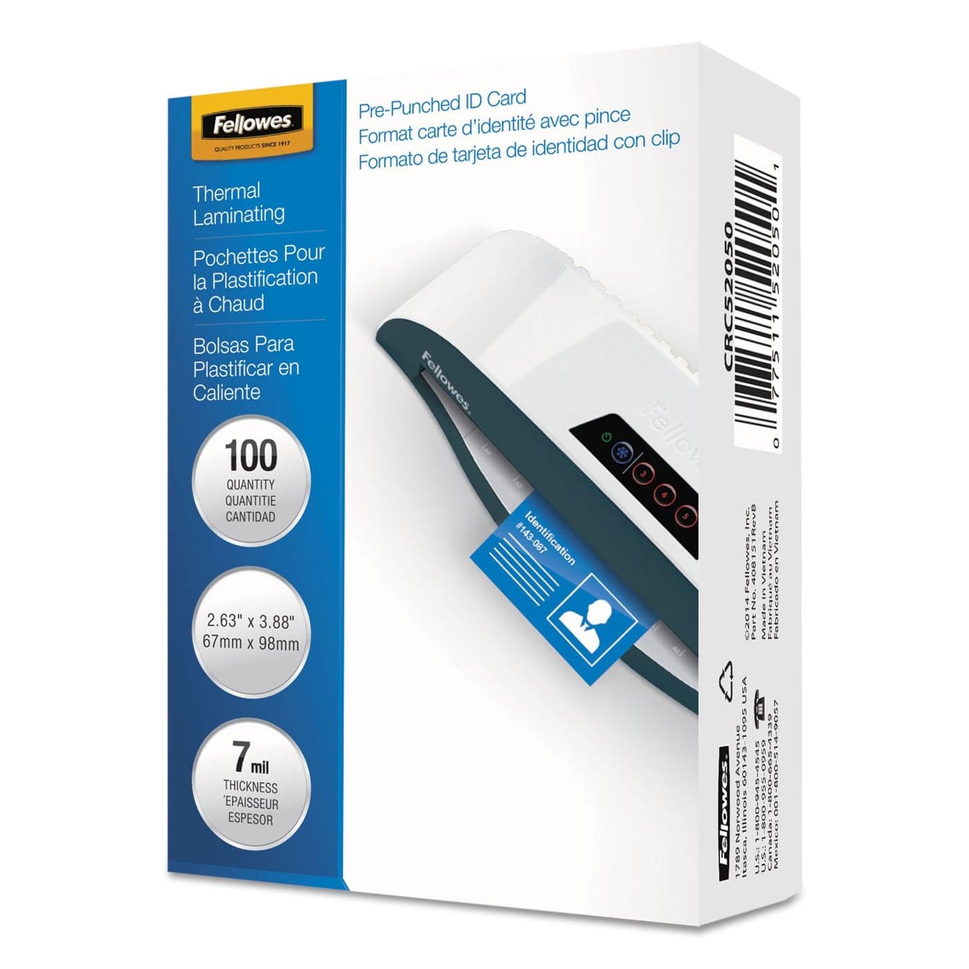 Fellowes 52050 Glossy Pouches ID Tag Punched 7 mil 100 Pack