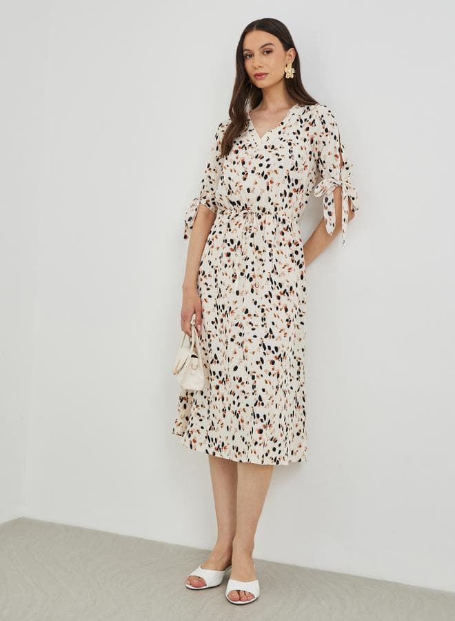 Take Two Printed V-Neck Midi Dress with Tie-Up Detail