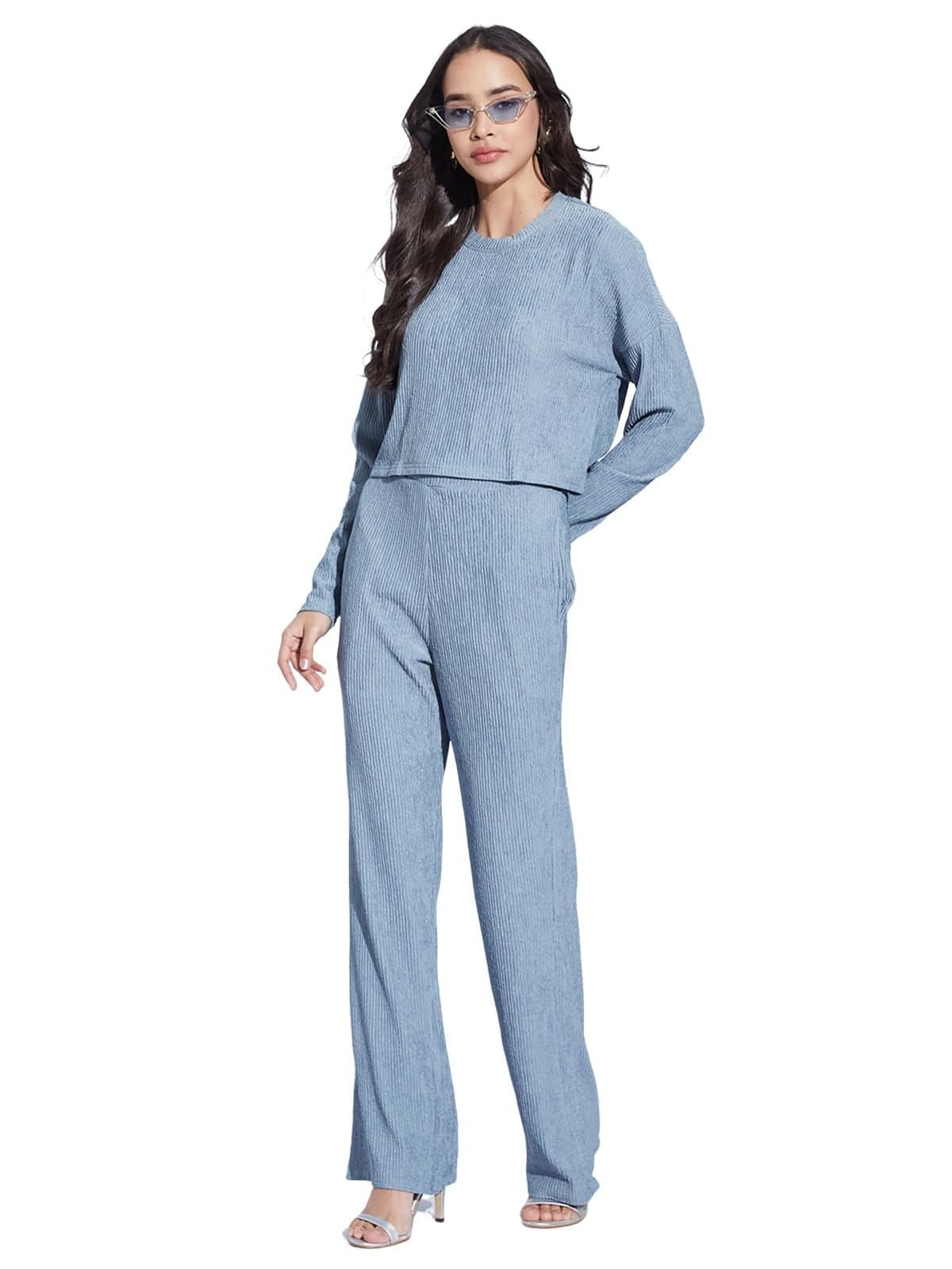 Selvia Women's Full Sleeve Textured Lycra Round Neck Top & Trouser 2 Piece Co-ords Set (759CTK11882N-L_Dusty Blue)
