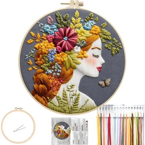 FONNUY Floral Women Embroidery Kit for Beginners Colorful Long Hair Girl PreStamped Pattern Kits for Adults with Hoop Thread Needlework 8 Hoop Gold
