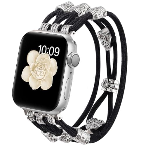Beaded Bracelet Compatible with Apple Watch Band 38mm 40mm 41mm 42mm (S10) Women, Boho Braided Solo Loop Nylon Strap Dressy Band Cute Fancy Charms Replacement for iWatch Series 10/9/8/SE/7/6/5/4/3 M