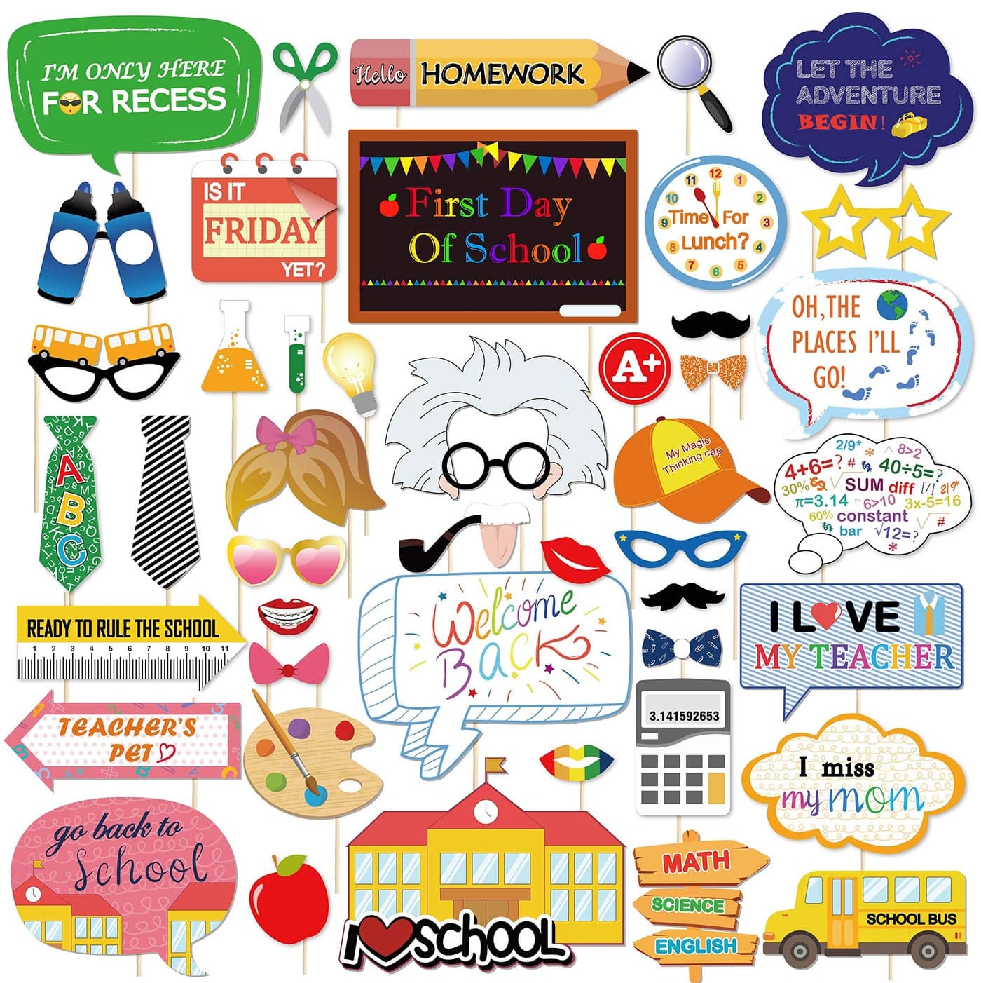 Konsait 46Count Back to School Photo Booth Props First Day of School Welcome DecorationsApple Pencil Stationery Chalkboard Decor for New Grade Celebrating Classroom Kindergarten Party Supplies