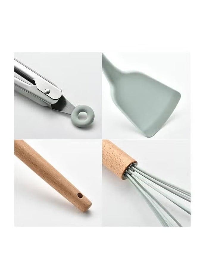 11-Piece Wooden Handle Bucket Cookware Spoon Set Premium Mint Green Kitchen Utensils for Cooking, Stirring, and Serving – Durable, Heat-Resistant, Non-Scratch Wooden Handles, Ideal for Non-Stick Cookware.