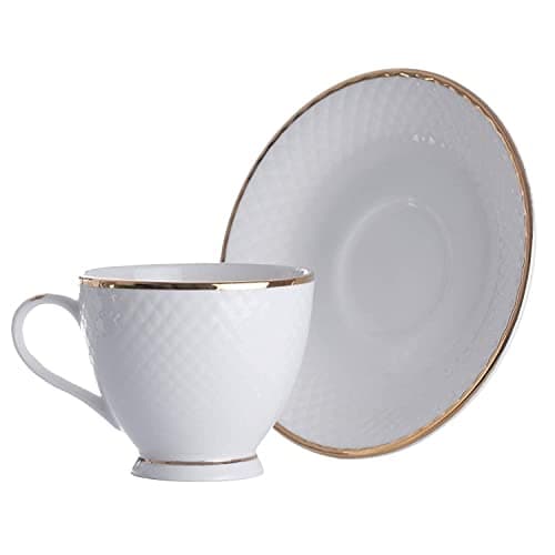 TAGROCK Golden Rim Bone China White Dotted Tea Cup Saucer Set of 12 Piece, (6 Cups & 6 Saucer), 150 ml
