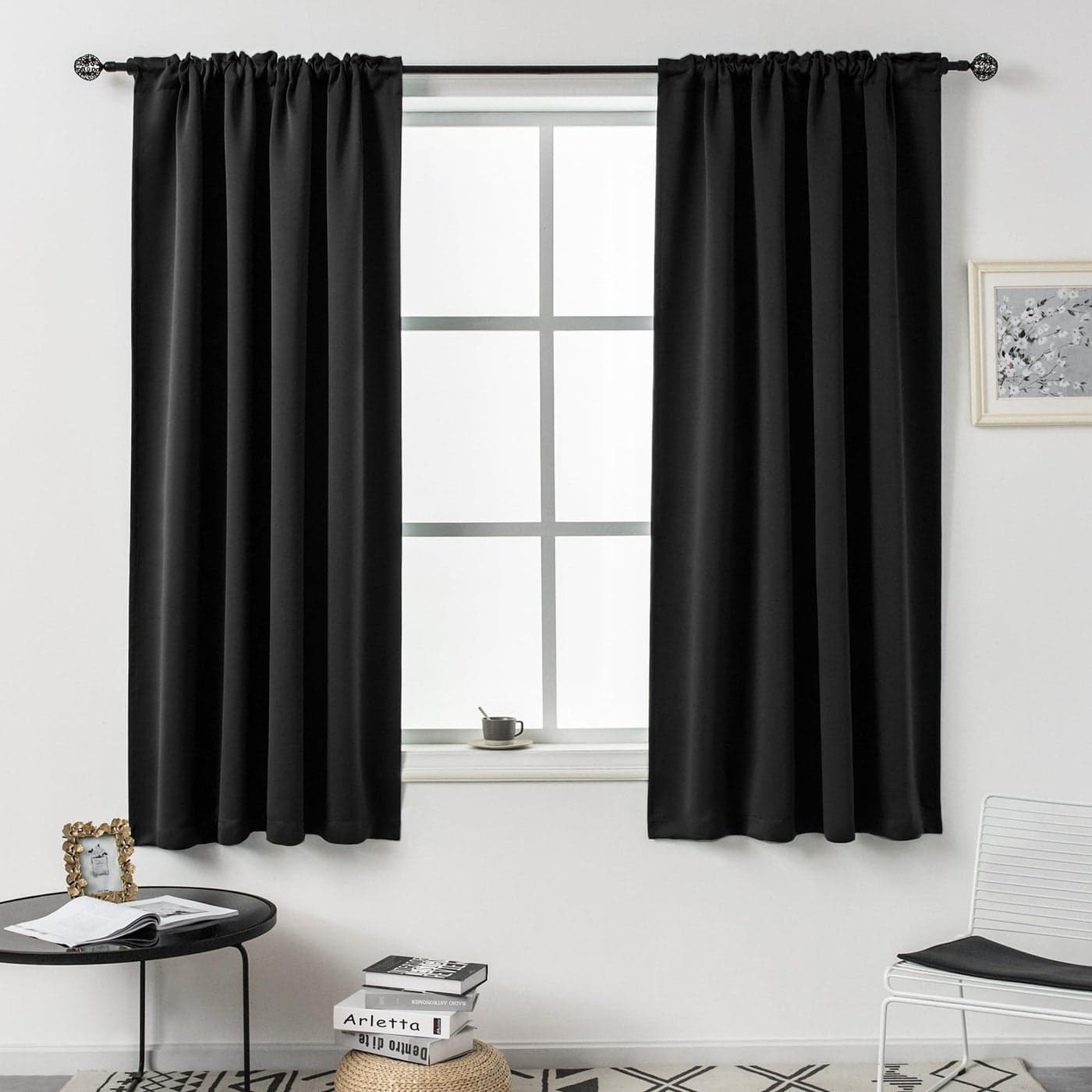 DUALIFE Black Out Curtains 45 Inch Long 2 Panels for Bedroom Small Windows Thermal Insulated Rod Pocket Block Out Soundproof Curtains for Basement Jet Black 42W x 45L