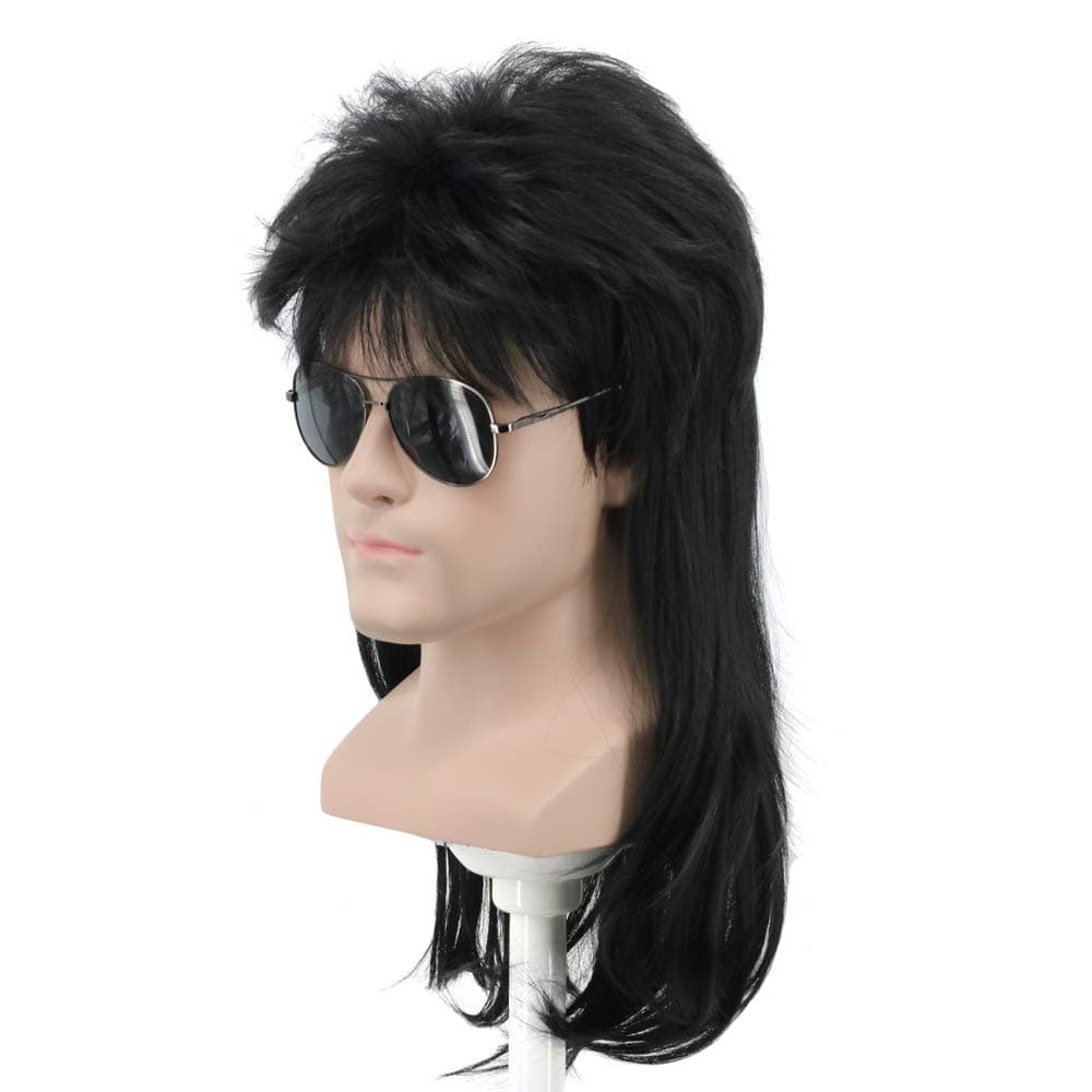 yuehong Long Curly Black Mullet Heavy Metal Disco Wig 70s80s Rock Star Style Costume Soft Breathable Heat Resistant Synthetic Fibers Wig Daily Fashion Party HairBlack