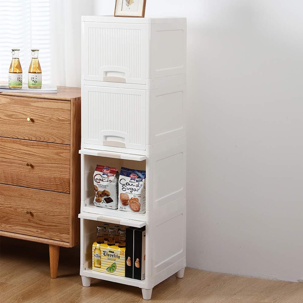 JEYANG Plastic Cupboard for Clothes Plastic Cabinet for Storage Foldable Wardrobe for Clothes Rack for Storage Clothes Storage Cabinet Plastic Modular Drawer Storage Box White Window 4 Tier