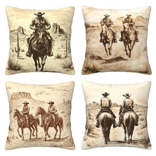Worltoldb Throw Pillow Covers Set of 4 Decorative Soft Linen Fabric Square Cushion Case for Room Bedroom Sofa Car 18x18 (Western Cowboy, 18"x18")
