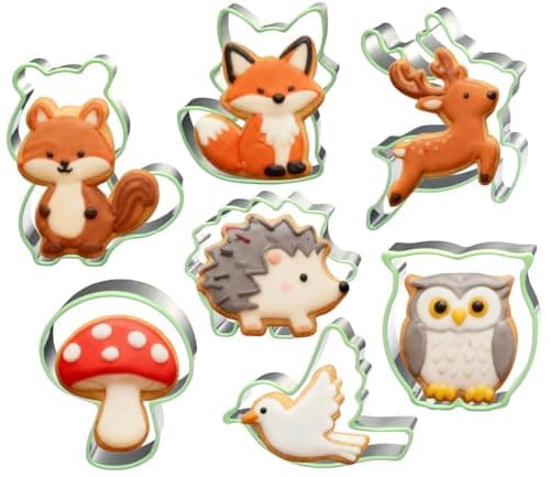 LUBTOSMN 7 Piece Forest Animal Cookie Cutters Set with Silicone Protective Rim, Stainless Steel Woodland Cookie Cutters for Cookies, Fondant, Sandwiches, Biscuits, Pancakes and Forest Party Baking