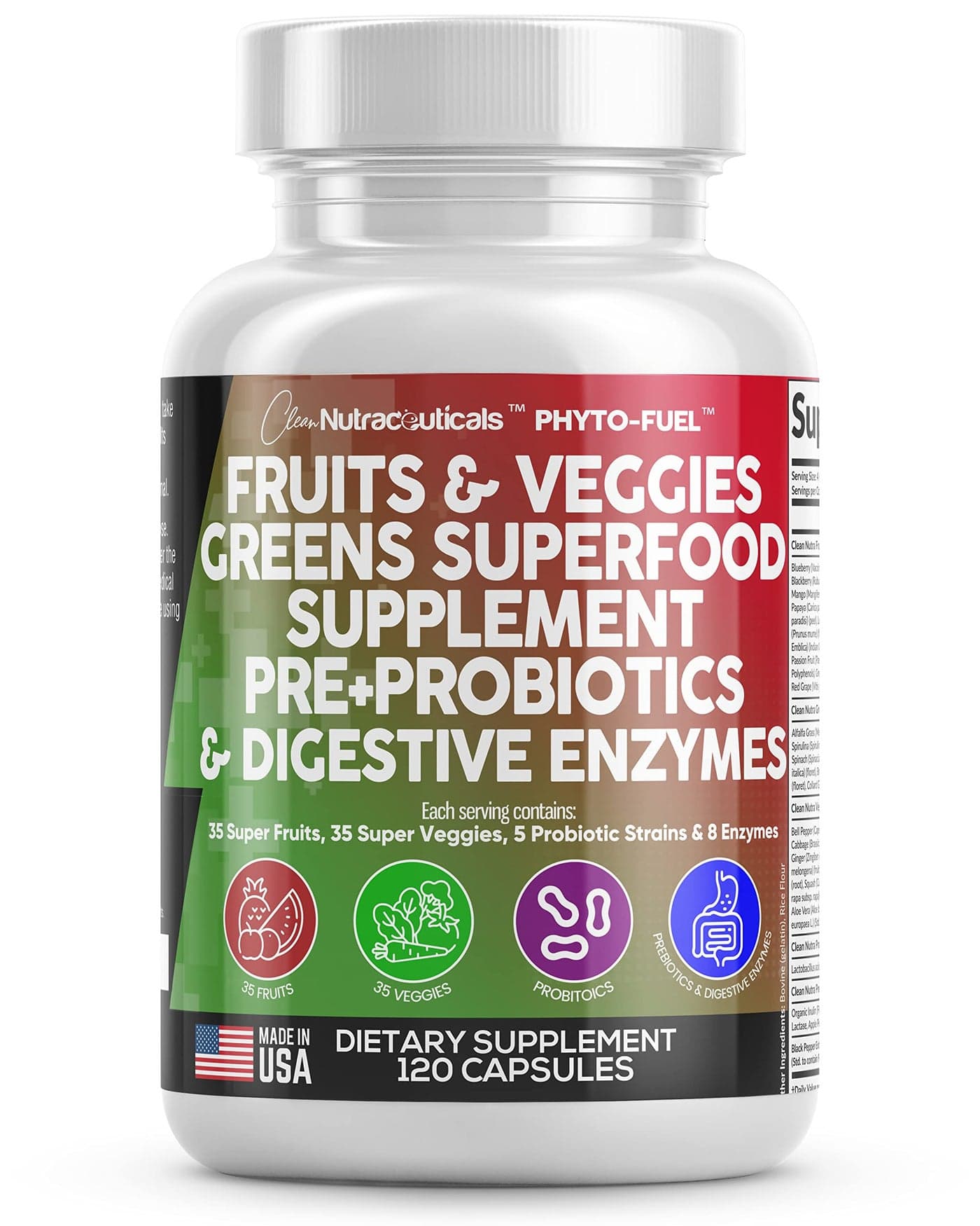 Clean Nutraceuticals Fruits and Veggies Supplement Reds Green Superfood Balance of Over 70 Fruit Vegetable Supplements Capsules with Probiotics Prebiotics Digestive Enzymes 120 Ct USA
