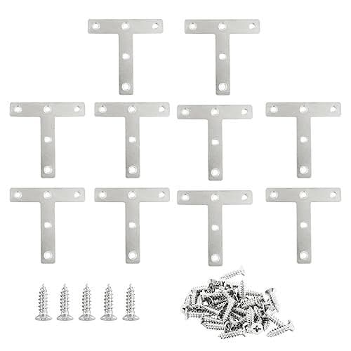 Hordion 10Pcs 3 x 3 Inch T Bracket Corner Brace (80 X 80mm), Stainless Steel Flat Corner Bracket, Metal T Shaped Support Brace, Right Angle Repair Plates with Screws