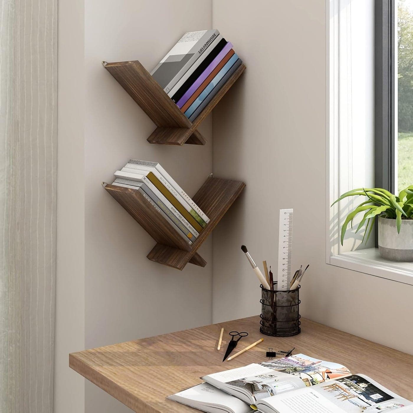 Craftware Bookcase Wall Wooden Floating Bookcase Vintage Small V Shape Wall Shelf for Book Study Bedroom Living Room Decoration Pack of 1