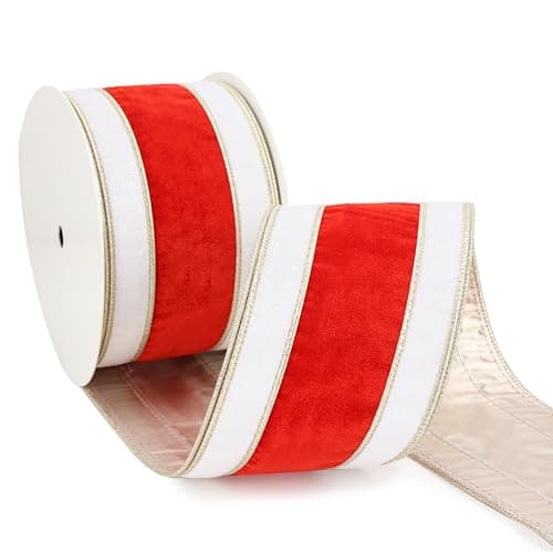 MAYREEL 4 Inch Christmas Velvet Ribbon with Wired Edge Red White Double Color 10 Yards Roll Holiday Craft Gift Wrapping Wreath Supplies Bows Garlands Decoration
