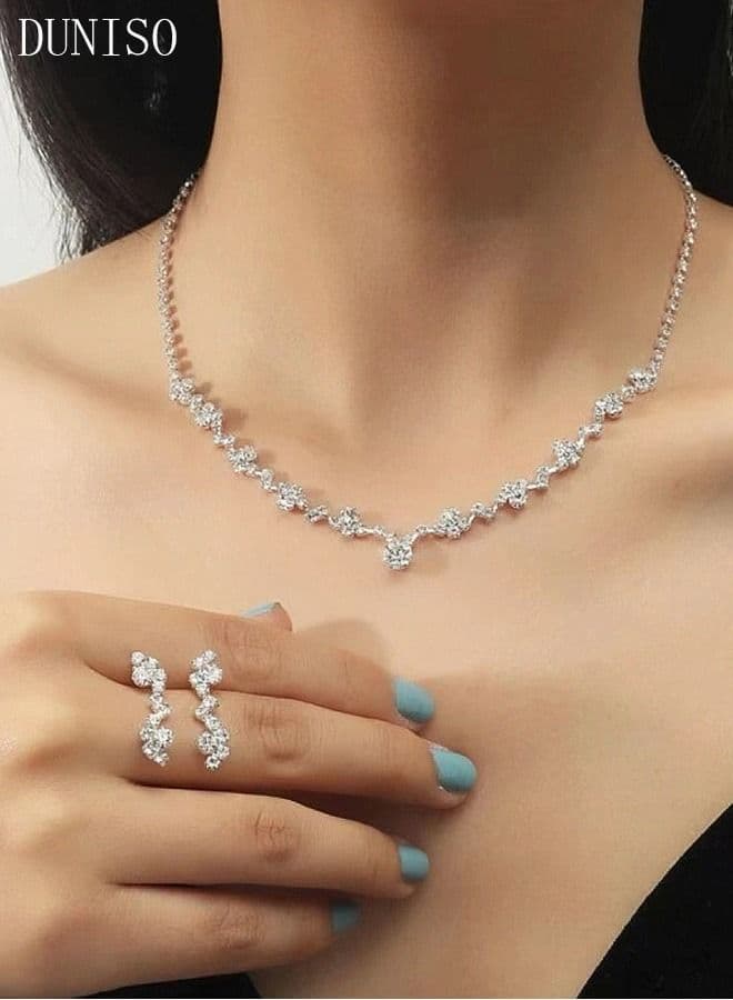 2Piece Necklace and Earrings Set Full Diamond V Neck Necklace Crystal Earrings Wedding Bridal Bridesmaid Costume Jewelry Set for Women and Girls Dress Accessories