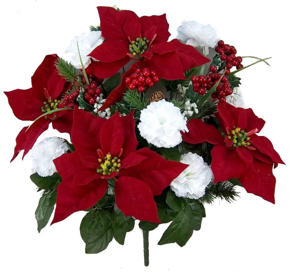 Admired By Nature 18 Stems Artificial Poinsettia Bouquet Fake Christmas Flower Faux Velvet Poinsettia Carnation Christmas Bush For Home Decor Holiday Bush Indoor Floral Cemetery Flowers WhiteRed