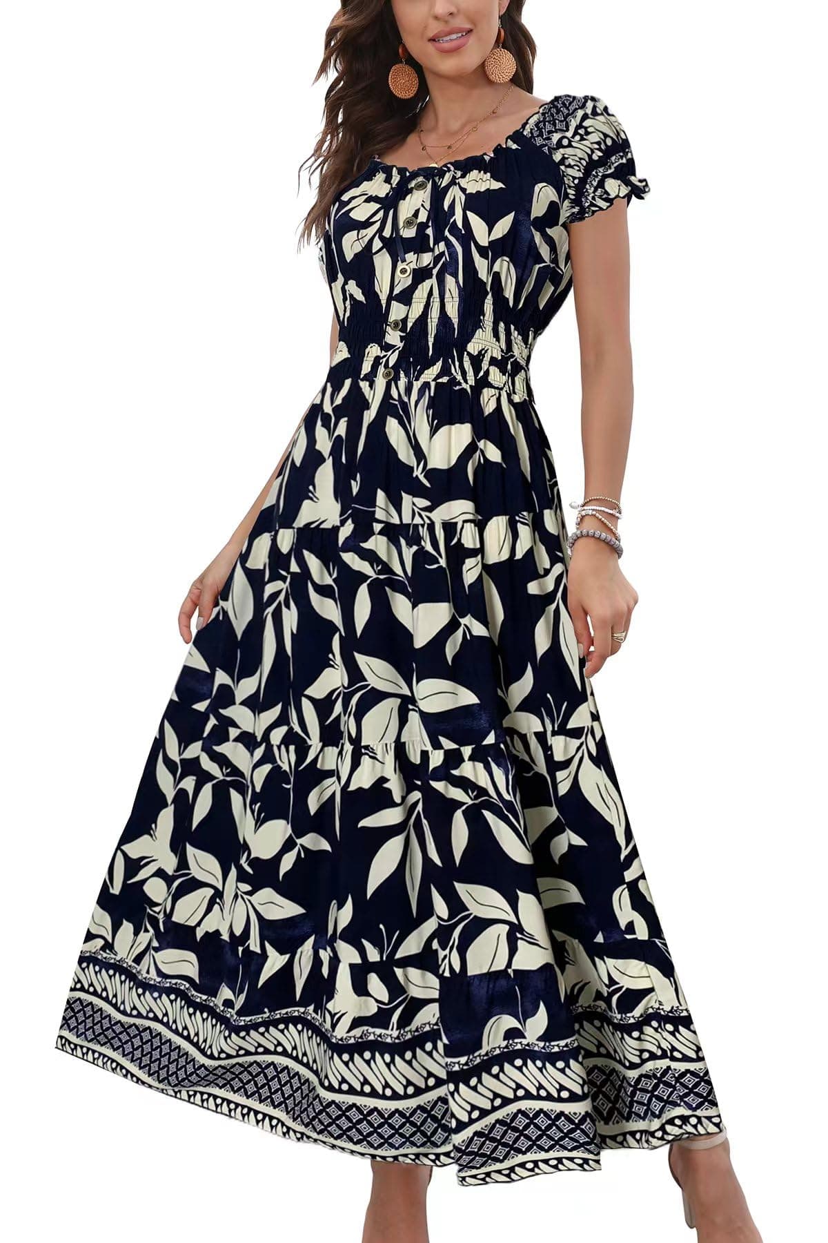 OSTOO Women's 2025 Summer Short Sleeves Boho Floral Print Tiered Casual Flowy Long Maxi Dress(Navy,M)