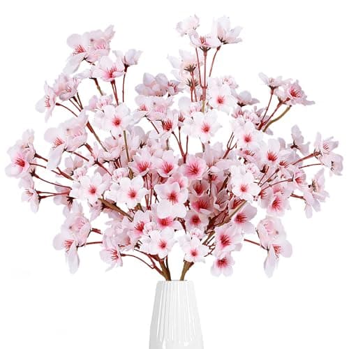 Sggvecsy Artificial Cherry Blossom Flowers 4 Pcs Faux Cherry Blossom Stems Faux Silk Cherry Blossom Branches 15.7’’ Fake Peach Flowers for Vase Arrangements Home Wedding Table Decor (Pink)