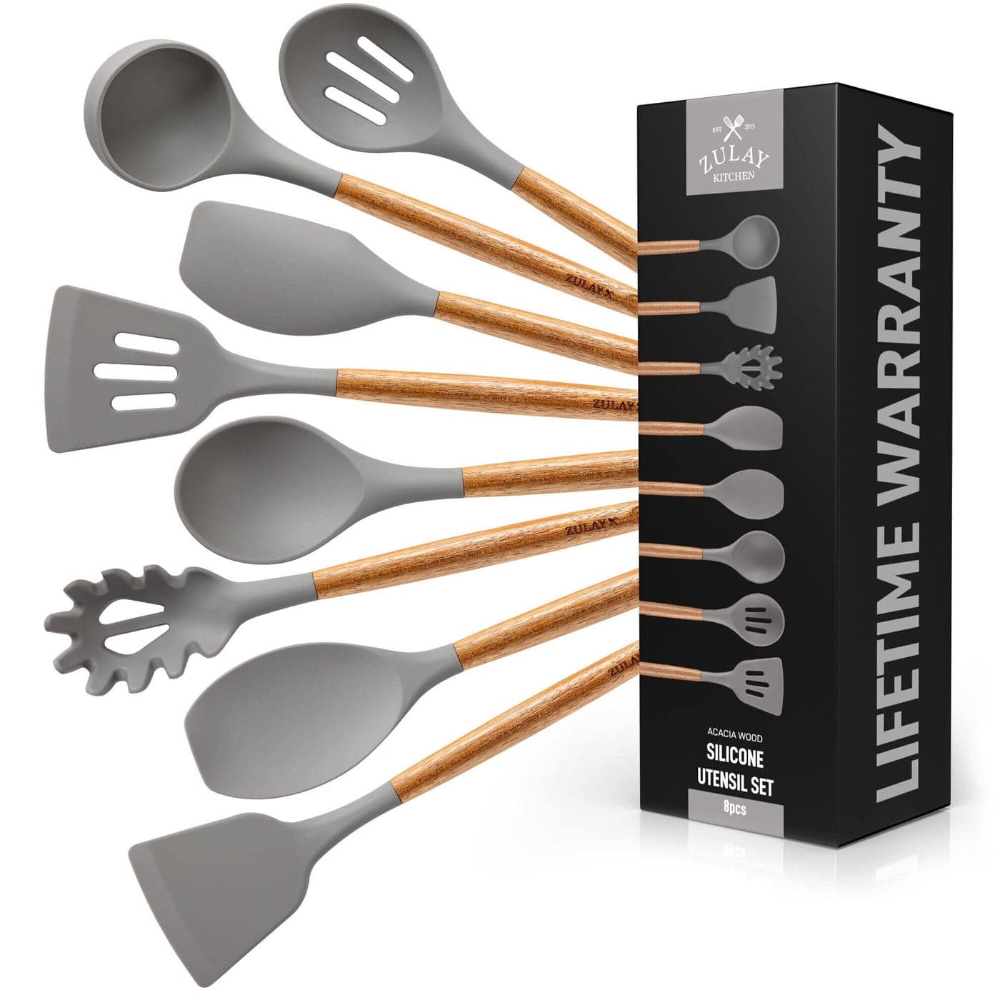 Zulay Kitchen Utensils Set NonStick Silicone Cooking Utensils Set with Authentic Acacia Wood Handles 8 Piece Set Silicone Kitchen Utensils Set with 464F Heat Resistance Gray