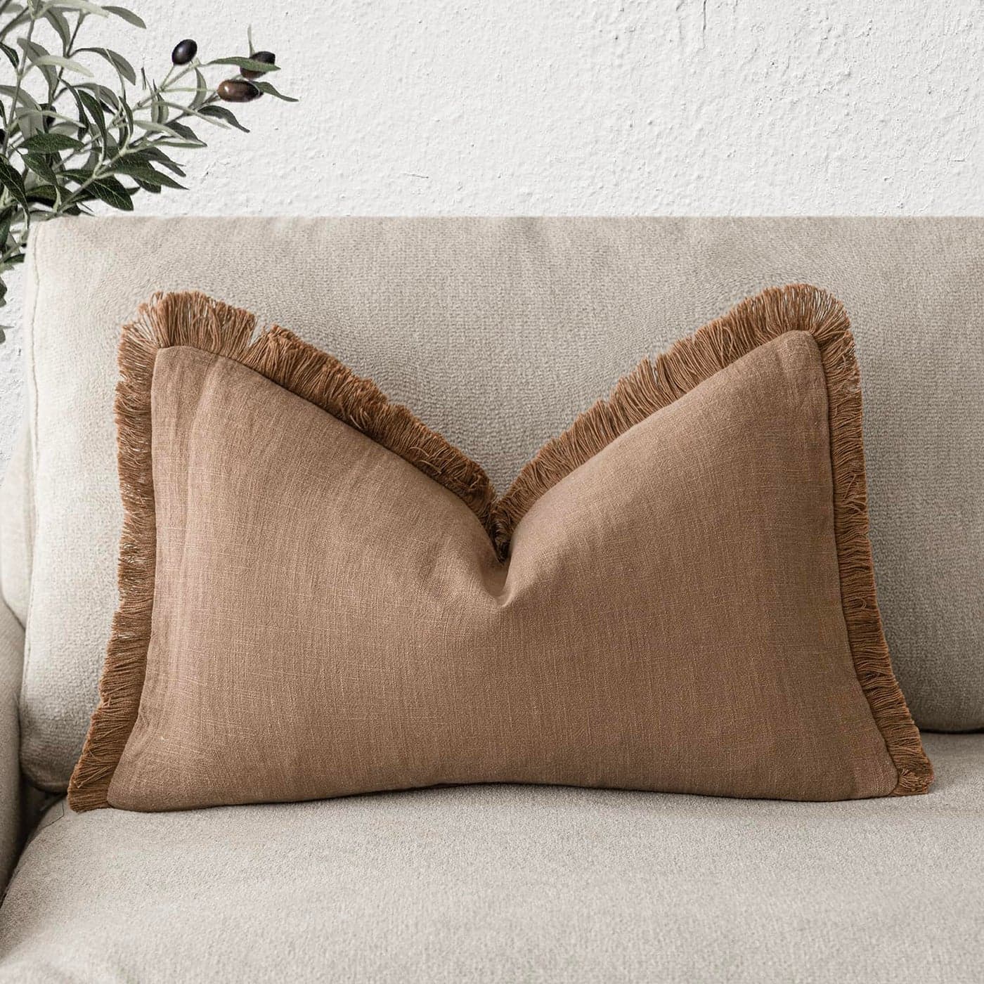 Foindtower Decorative Linen Fringe Lumbar Throw Pillow Covers Cozy Boho Farmhouse Cushion Cover with Tassel Soft Accent Pillowcase for Sofa Bed Living Room Home Decor 1220 Inch 1PC Khaki Brown