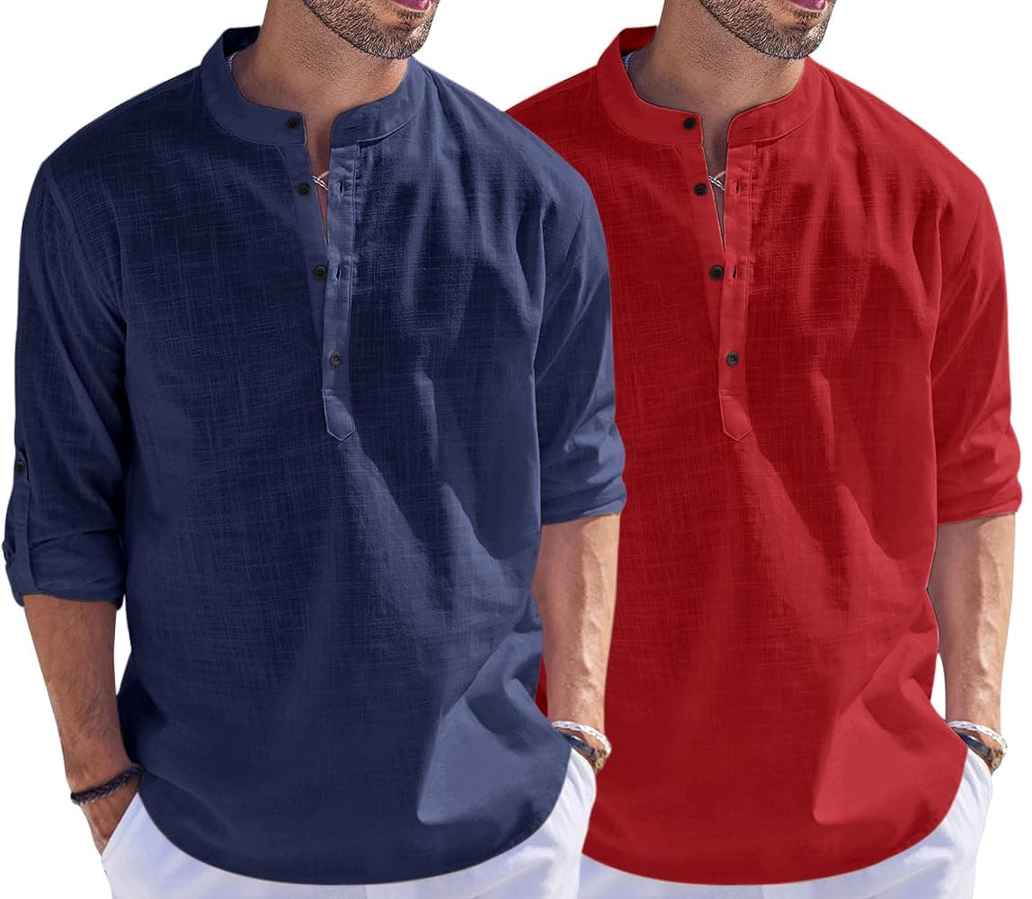 Bellstone Men's Cotton Blend Straight Kurta Shirt Combo with Mandarin Collar - Slim Fit Casual Short Kurti Set Featuring Textured Slub Fabric and Roll-Up Full Sleeves