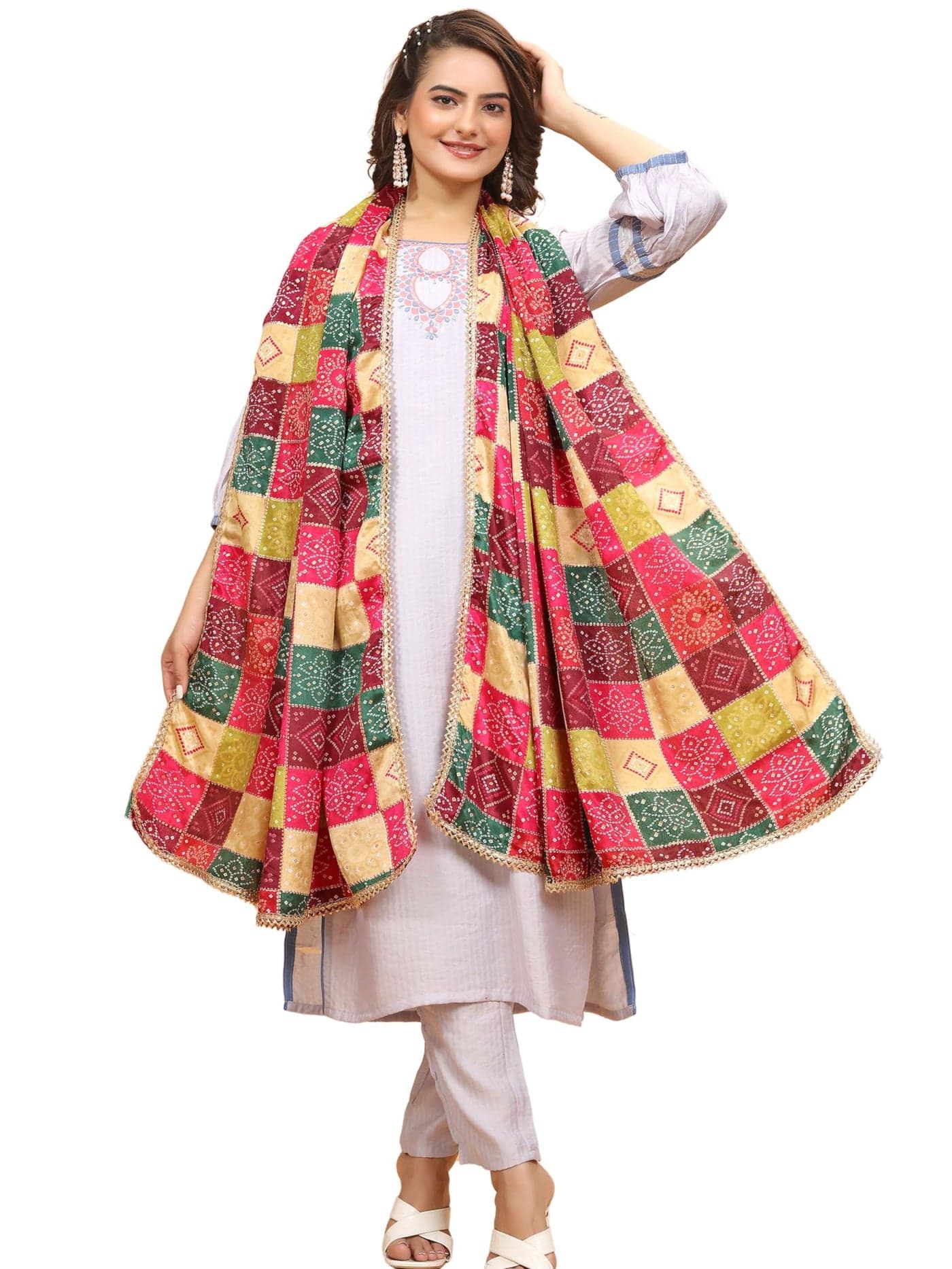 KEMZA Women's Silk Blend Printed Multicolor Dupatta For Wedding And Festivals
