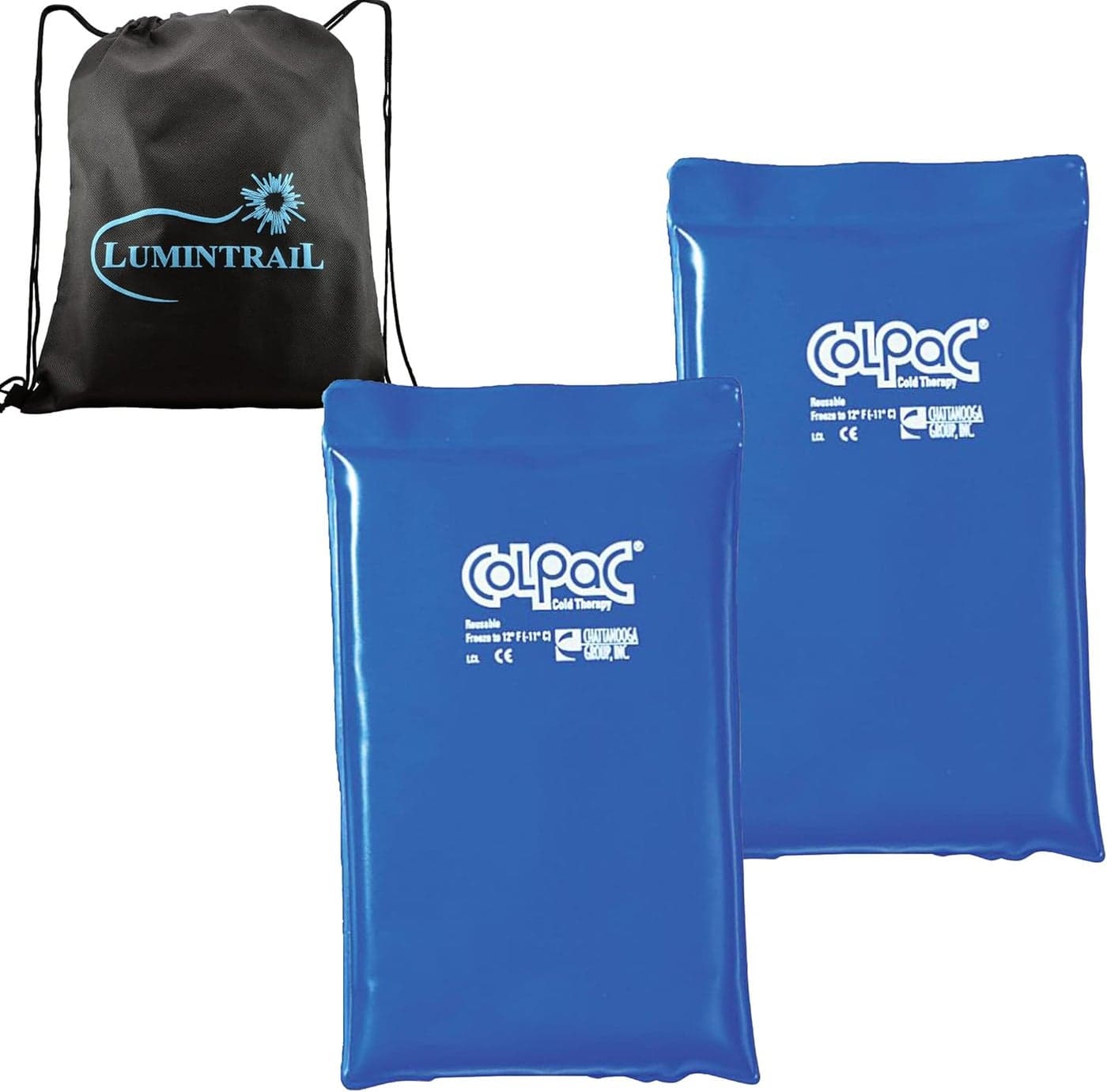Chattanooga ColPac Reusable Gel Ice Pack for Knee Arm Elbow Shoulder Back Aches Swelling Bruises Sprains Inflammation Half Size 2 Pack Bundle Blue Vinyl with a Lumintrail Bag
