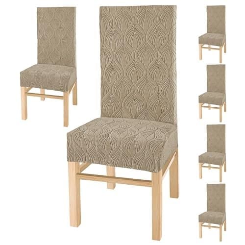 Yellow Weaves Elastic Stretchable Dining Chair Covers, Removable Washable Elastic Self Jacquard Dining Chair Covers (Set of 6, Botanical Cream)