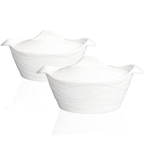 jinsongdafa 8" x 6" Ceramic Casserole Dish with Lids 31 Oz White French Soup Tureen Bakeware Set with Handle - 10 IN, Chip and Crack Resistant Baking Dish, Microwave, Dishwasher, Oven, Fridge Safe
