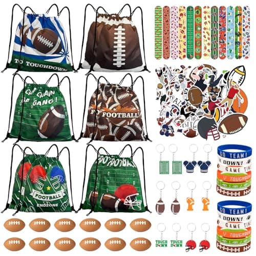 Yeepestmi 110Pcs Football Party Favors Drawstring Bags Football Goodie Bag with Mini Ball Wristband Slap bracelets Keychains Stickers for Football Party Supplies
