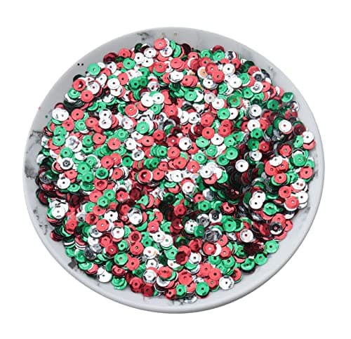 SOWAKA 50 Gram Loose Sequins 6 mm Small Vintage Cup Sequins for Sewing DIY Crafting Project Embroidery Decorative Supplies Iridescent Spangles Art (Green, Silver and red)