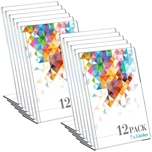 Yulejo 12 Pcs Acrylic Sign Holder 5 x 7 Inch Slanted Back Clear Plastic Sign Holder Flyer Paper Picture Document Photo Frames l Shape Display Stand for Office Restaurant Desktop
