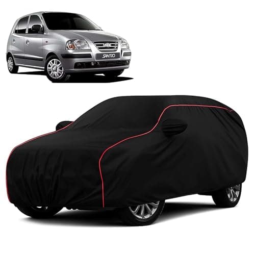 Sulfar 100% Water Resistant Car Body Cover Compatible with Mirror for Hyundai Santro Xing (Triple Stitched, Full Bottom Elastic, Black with Red Piping)