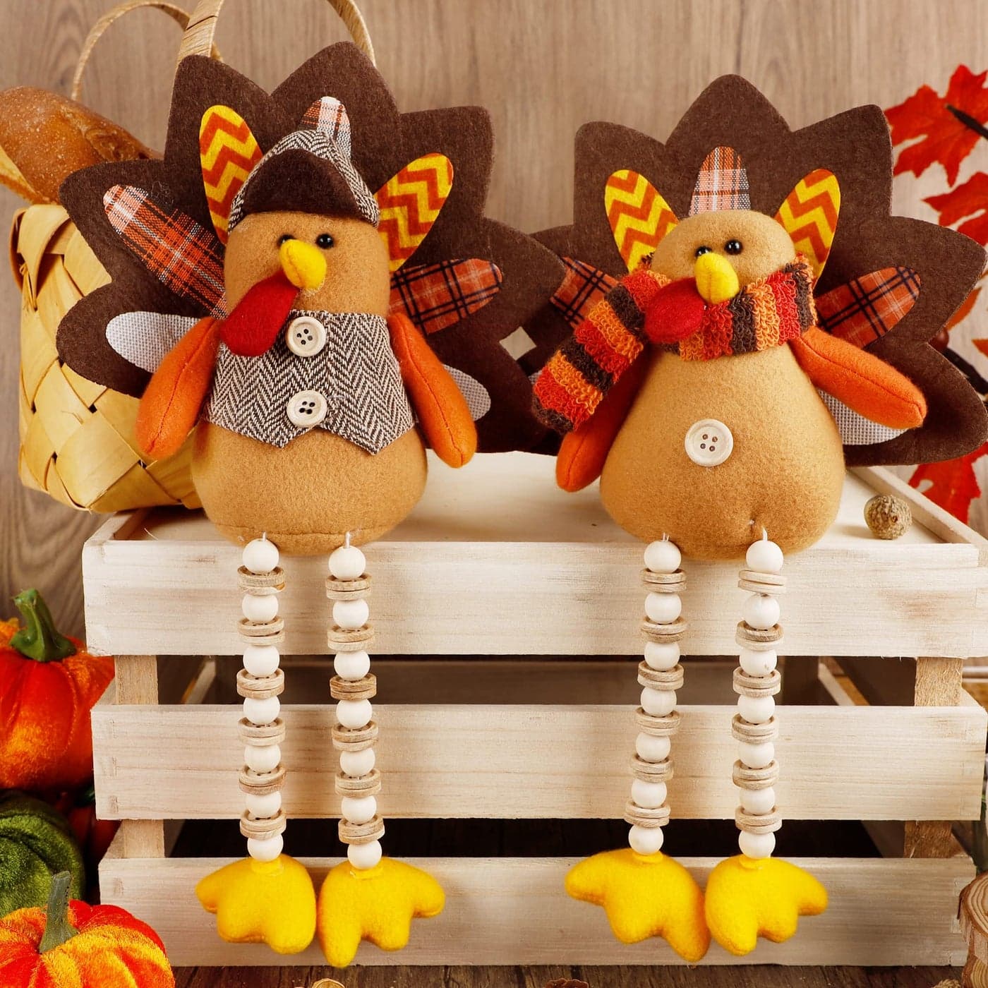 winemana Thanksgiving Decorations Set of 2 Turkeys with Dangling Legs Mr and Mrs Turkey Couple Plush Tabletop Centerpieces for Fall Harvest Home Kitchen Shelf