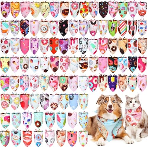 Huhumy 100 Pcs Donut Dog Bandanas Bulk Pet Bibs Colorful Triangle Scarf Donut Pet Bandanas for Medium Large Dogs Spring Summer Candy Theme Birthday Costume Decor