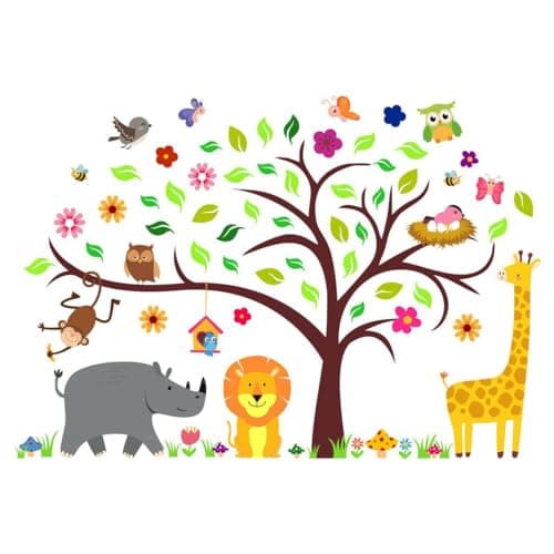 DEKOSH Woodland Nursery Decor Colorful Large Tree Animal Wall Decals for Baby Nursery Playroom Classroom Decoration