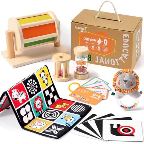 Toyssa Montessori Toys for Babies 06 Months 6 in 1 Wooden Learning Educational Sensory Toys with Spinning Drum Tummy Time Mirror Baby Rattle Flash Card Birthday Gifts for Babies Boys Girls