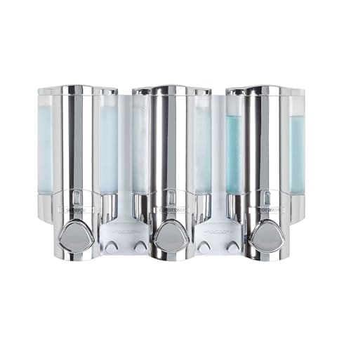 Better Living Aviva Shower Dispenser 3 Chamber, Wall Mount Shower Soap Pump Dispenser for Bathroom Hotel Body Wash, Built-in Hooks, No Drill, Waterproof Shampoo Soap Dispenser 3 x 11 oz, Chrome