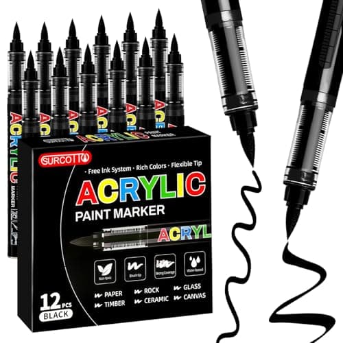 Surcotto 12 PCs Black Acrylic Paint Markers Soft Brush Tip Pens and Markers Acrylic Paint Pens for Wood Stone Canvas Glass Fabric Egg Rock Painting and DIY Crafts Art Supplies