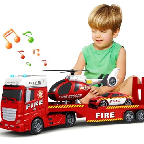 SpringFlower Truck Toddler Boy Toys 25 Large Fire Truck Toy with Racing Car and Helicopter3 in 1 Lights Sounds Fire Boy Vehicle Christmas Birthday Gifts for Kids 3 4 5 6 Years Old