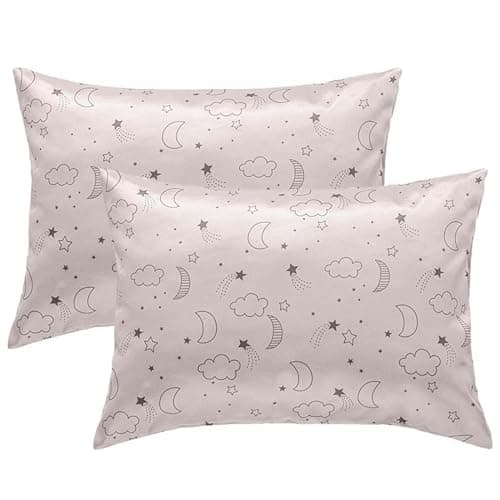 Winmany 2 Pack Toddler Pillow Cases Baby Silk Satin Pillowcases 49 x 36cm Cot Bed Envelope Pillow Cover Kids Soft Travel Pillow Pair Cases for Boys Girls Machine Washable Beige Cloud Moon