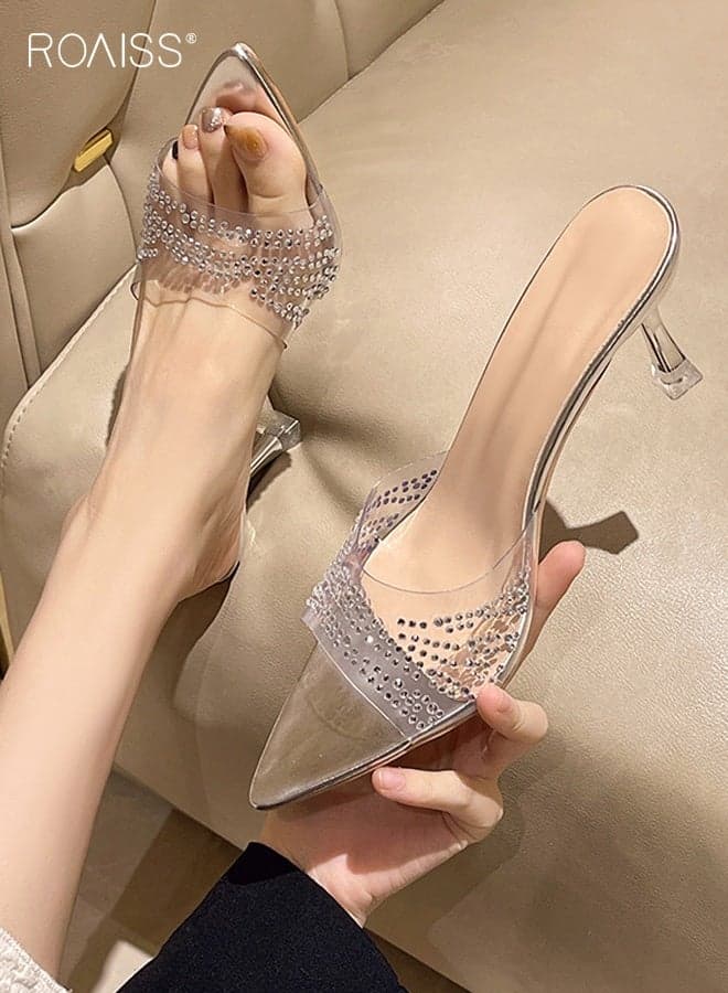 Women' Elegant Pointed Toe High-Heeled Shoes with Transparent Rhinestones Slingback Comfortable, breathable and non-slip for Formal Events and Special Occasions Silver