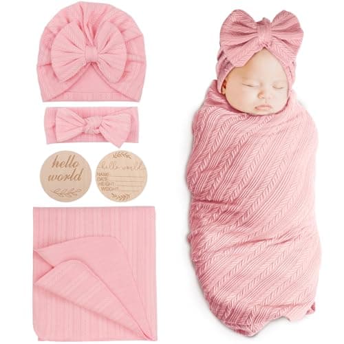 DRESHOW BQUBO Baby Swaddle Blankets for Girls, 4PCS Newborn Accessories Set with Hat and Bow Headband with Hello World Wooden Birth Announcement Card, Baby Blankets for Girls (Pink)