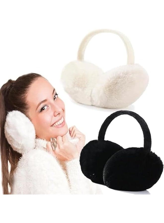 2 Pack Winter Ear Muffs for Men Women, Foldable Cold Weather Earmuffs, Fleece Warm Ear Warmers, Behind The Head Ear Muffs, Fuzzy Cold Outdoor Earmuffs, Headband Ear Covers, Black, Beige