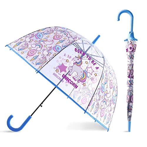 CHAATEWALA™ Kids Umbrella Unicorn Cartoon Print Blue, Dome Rain Umbrella for Girls Boys, Lightweight Windproof Plastic Umbrella with Curved Hook Handle for School Travel Outdoor Use