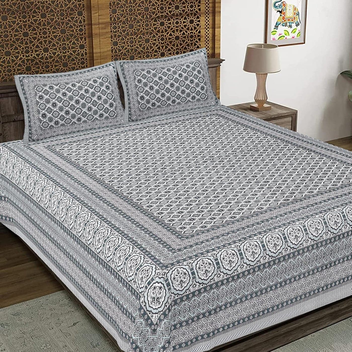 JAIPUR PRINTS 100 Cotton Sanganeri Rajasthani Jaipuri Traditional bedsheet for Double Bed Cotton King Size Bedsheet with 2 Pillow Covers King Size 79